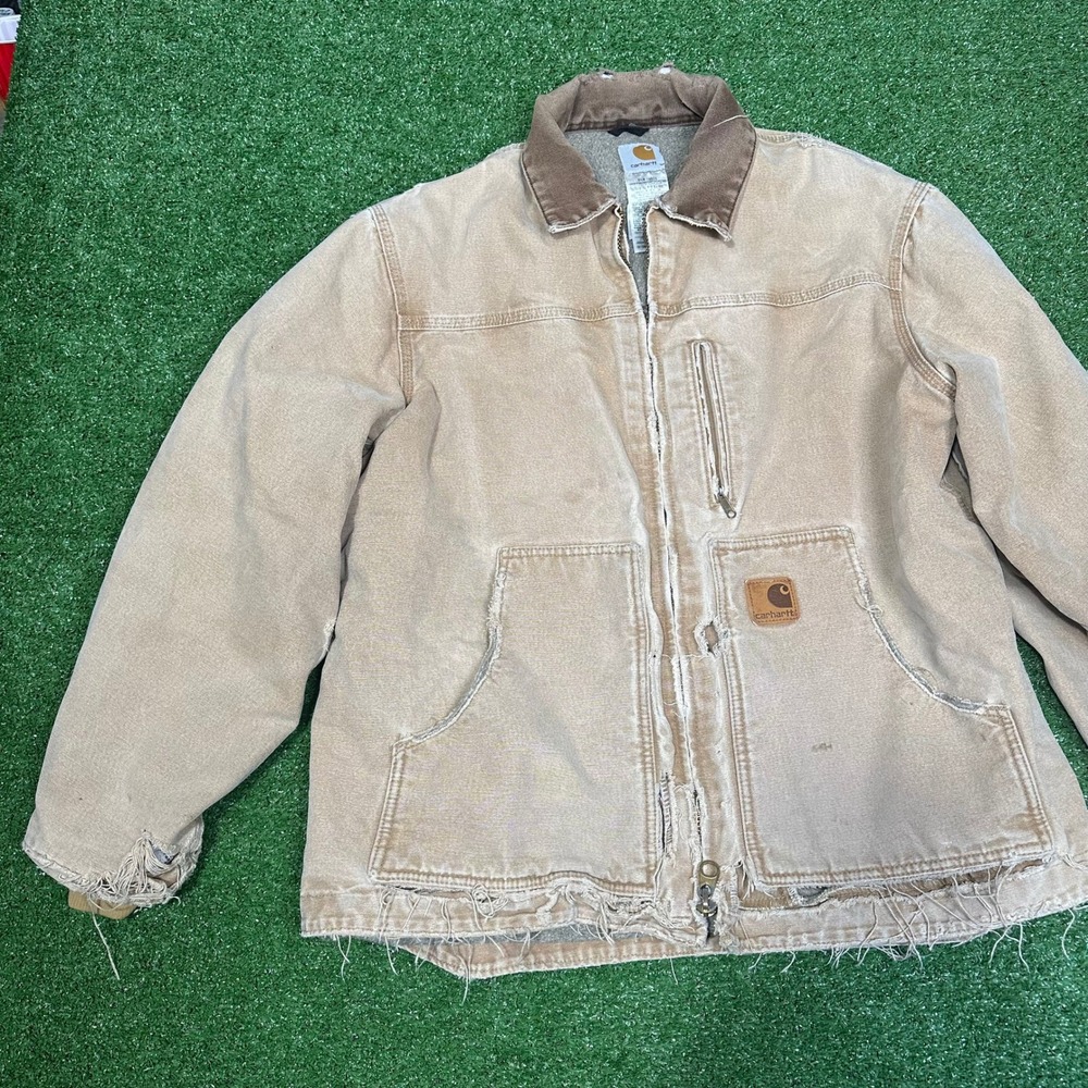 Carhartt C61 CML‎ Sandstone Ridge Coat Sherpa Lined Distressed Camel Mens Large